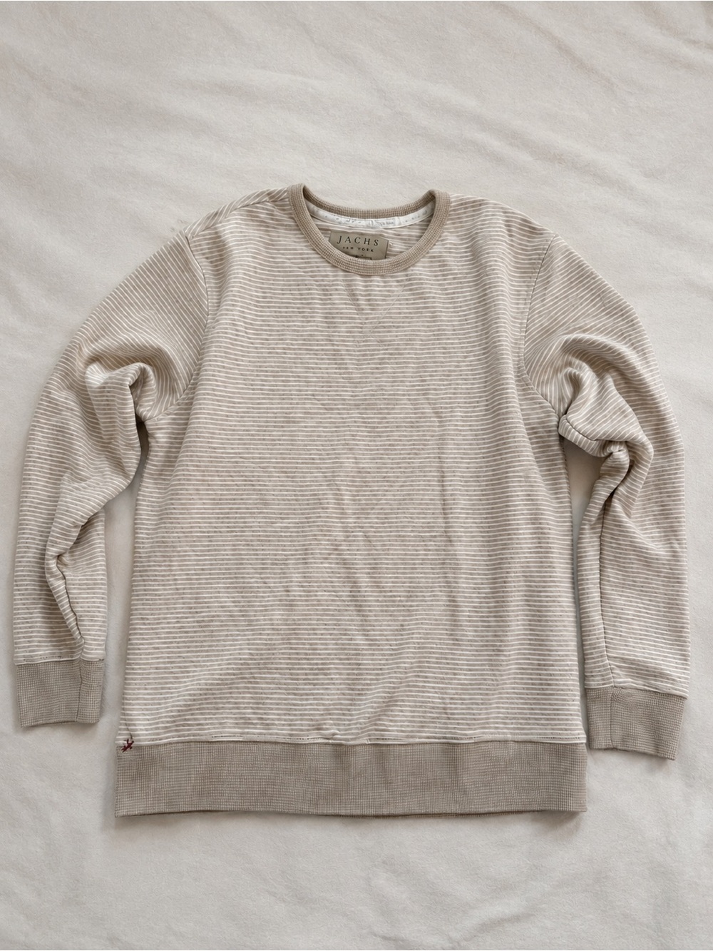 JACHS Men's Beige Striped Crewneck Sweater